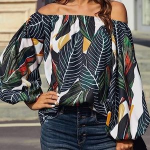Colorful Leaf Print Off-Shoulder Blouse